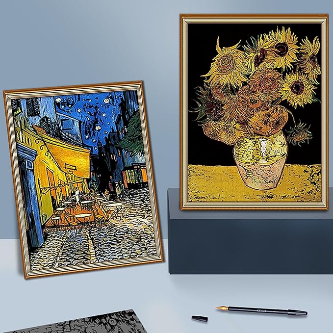 Scratch Art Painting 4 Pcs Vincent Van Gogh Scratch Rainbow Paper Set for Adults and Kids, DIY Sketch Card Engraving Craft Night View Scratchboard with 4 Tools - Cafe Terrace, Sunflowers, Starry Night