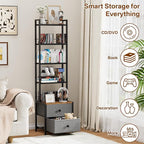 CD Storage Rack with Drawer, 5-Tier DVD Organizer Shelf w/Adjustable Book Stoppers, Media Storage Rack for CD/DVD, Books & Games, Ideal for Living Room & Home Office – 15.7x11.8x56.5Inches
