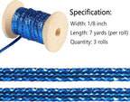 Royal Blue Gold Thin Ribbon 1/8 inch Metallic Braided Double Faced Ribbons Curling Ribbons For Balloon String Crafts Gift Wrapping Party Wedding Christmas Ornaments Decoration 7 Yard x 3 Rolls