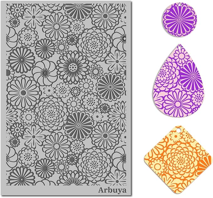 Arbuya Polymer Clay Blossom Flowers Texture Sheets for Earrings Jewelry Making, Clay Dahlia Floral Texture Mats for Polymer Clay Projects Floral Stamps for Clay Earrings Tools