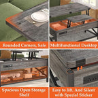 Aheaplus Coffee Table Lift Top Multi-Function Coffee Table Converts to Dining Table, with LED Light and Power Outlet, Center Table with Shelves for Living Room Reception Home Office, Black Oak