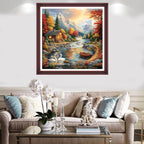 Redxing Stamped Cross Stitch Kits Full Range of Embroidery Starter Kits- Needlepoint Counted Cross Stitch Kits for Beginner Adults 11CT Printed Embroidery Kit-Autumn Scenery Swan Lake 18x18 inch