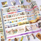 MPOPUUL Washi Tape Set 18 Rolls - European Tourism Decorative Adhesive Masking Tape for Journaling, Vintage Colored Tape for Junk Journaling Supplies, Scrapbooking Supplies, DIY Crafts, Planner