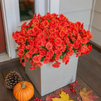 Fake Fall Flowers Artificial Flowers Plants for Outdoors Autumn Decoration, 12 Bundles Orange Silk Morning Glory with Eucalyptus Realistic UV Resistant Faux Flower Greenery for Outside Yard Garden