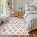 Wonnitar Pink Rugs for Bedroom Girls Nursery, Washable 5x7 Floral Rug, Boho Ultra-Thin Non Slip Soft Indoor Decor Carpet for Kids Room Playroom Living Room Dorm, Pale Pink
