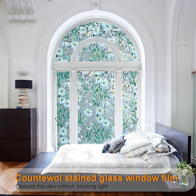 Window Privacy Film Stain Glass Window Film Rainbow Window Film Window clings Non-Adhesive Reusable Decorative for Room (Daisy Rainbow, 17.5 x 157.4 in)