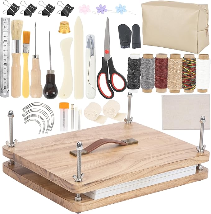 50 Pcs Book Binding Kits, 15"x11.4" Inch Wooden Book Press，Books Binding Materials, with Bone Folder, Awl, Needles for DIY Bookbinding, BookRepair, Handmade Crafts