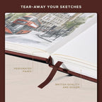 Beechmore Books A3 Sketchbook – 11.7x16.5 Premium Vegan Leather Bound Large Sketch Book Hardcover with 160 Thick 160gsm Perforated Ivory Pages, Blank Sketch Pad Gift Boxed Back Pocket Ribbon Bookmark