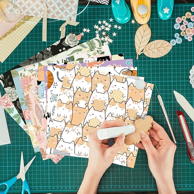 48 Sheets 24 Designs Scrapbook Paper Pad, 6"×6" Single-Sided Decopodge Craft Cardstock Paper,Scrapbooking DIY Decorative Background Cardmaking Supplies.Cat's Life&Flowers