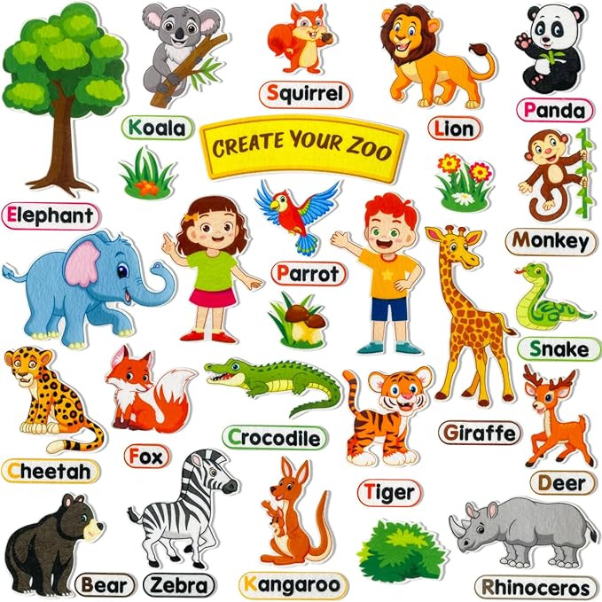 PENGFULL Felt Flannel Board Story Pieces for Toddlers Preschool,Kids Interactive Storytelling Teaching Play Kits for Flannel Board,with Words Felt Pieces(New Zoo)