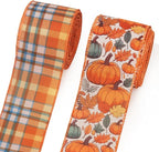 2 Rolls Fall Pumpkins Ribbons for Bows, Thanksgiving Wired Edge Burlap Ribbon Autumn Maple Leaves Plaid Ribbons for Gift Wrapping Thanksgiving Decoration Supplies
