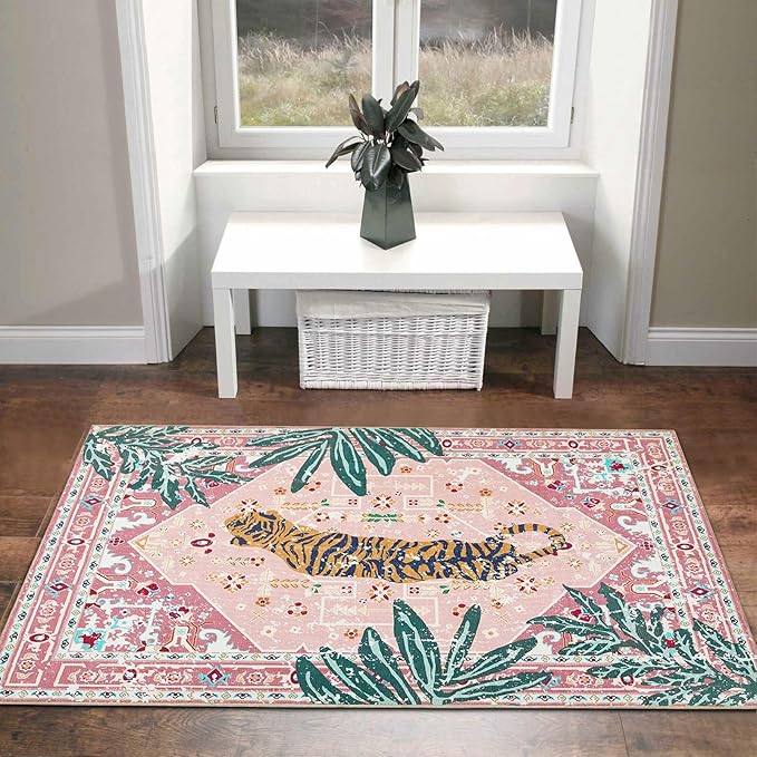 Hippie Rugs, 2x3 Faux Wool Tropical Pink Boho Throw Rugs for Bathroom Kitchen Small Indoor Entryway Rug Modern Vintage Distressed Indian Accent Floor Mat Non-Slip Washable