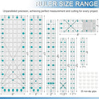 Quilting Ruler, Sewing Ruler, 8 Pack, Acrylic Quilting Templates(6"x17", 3"x17", 2"x16", 1.5"x12", 1"x12", 1"x6", 8"x3"), Non Slip Rings 25 Pieces, Sewing and Quilting Supplies - Clear/Blue