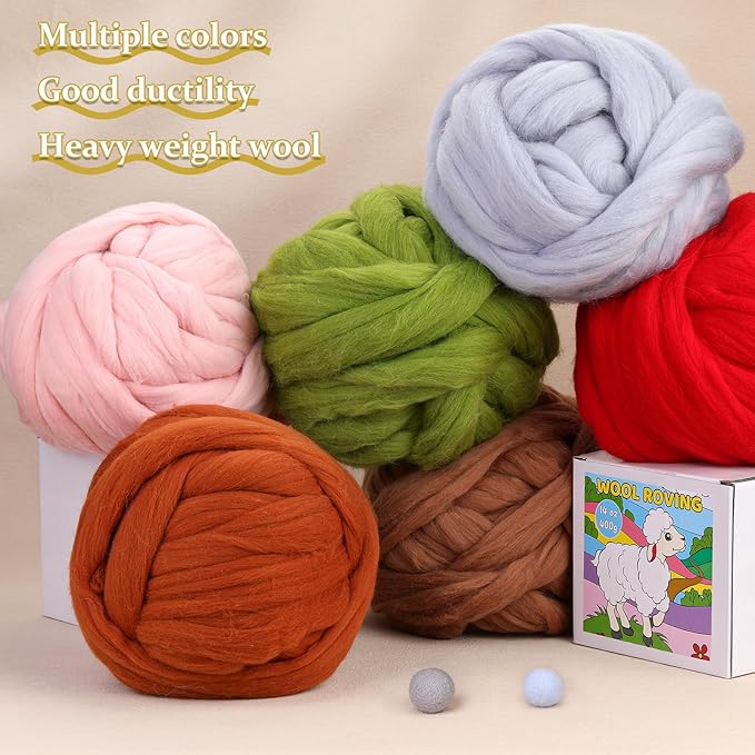 QMNNMA 14.1oz Wool Roving Yarn, Fiber Roving Wool Top, Wool Felting Supplies, Chunky Yarn, Handmade Carded Core Woolen for Craft, Wet Felting DIY Hand Spinning