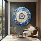 My Photostation.com 31.5''(80cm) Diameter Coastal Sunburst Beige & Blue Round Glass Wall Art Tempered Glass Printing Wall Decor Large Wall Art Wall Hangings