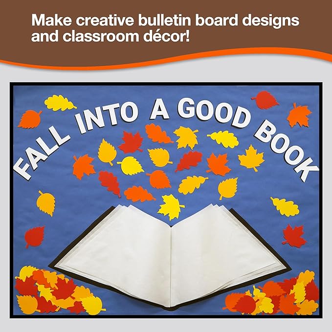 120 Pieces Fall Leaf Paper Cutouts with IDEA Guide, 2-Sided US Made Card Stock Punch Out Maple, Oak, and Birch Leaves for Bulletin Boards, Classroom Decor, Autumn Crafts, DIY Scrapbook, and Posters