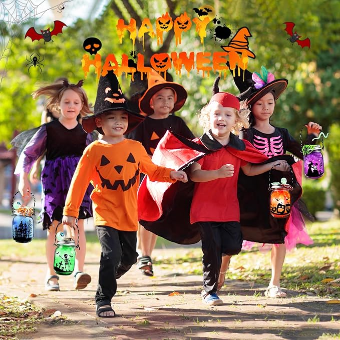 SpringFlower Halloween DIY Arts and Crafts Kits，12 Pcs Glass Mason Jar with Accessories for DIY Lantern Jar, Art & Craft Party Supplies for Classroom Kids