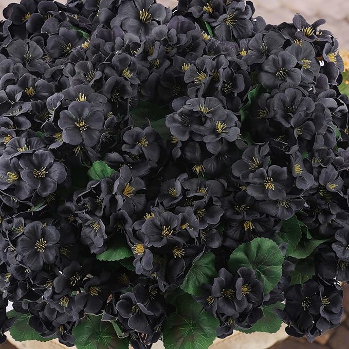 Hananona 12 Pcs Artificial Geranium Flowers for Outdoors Geranium Silk Flowers Outdoor UV Resistant Garden Plants Faux Black Flower for Home Kitchen Halloween Table Centerpieces Decor (12, Black)