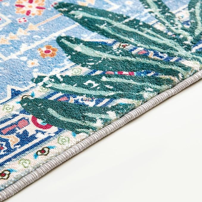 Oriental Tropical Kitchen Runner Rug 2x5 Washable, Thin Stain Resistant Blue Boho Bathroom Runner Rug for Hallway Entryway Bedroom Laundry, Vintage Abstract Hippie Botanical Long Carpet
