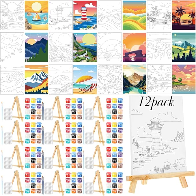 Zhanmai 12 Pack Pre Drawn Canvas for Painting Sip and Paint Kit 8" x 10" Paint Party Set Canvas Painting Pre Printed Canvases for Party Favor DIY Virtual Adult's Date Night(Landscape)