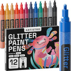ARTISTRO 12 Glitter Paint Pens Sparkly and Shiny for Glass, Rock Painting, Ceramic, Wood, Fabric, Scrapbooking, DIY Craft Making, Coloring - Acrylic Paint Markers Medium Tip 3.0mm