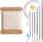 Repair Sewing Kit, Upholstery Needle and Thread Kit with 32 Yard Waxed Thread and 8 Pcs Heavy Duty Leather Needles for Hand Stitching, Canvas & Quilting - 0.55mm Round Waxed Cord Beige