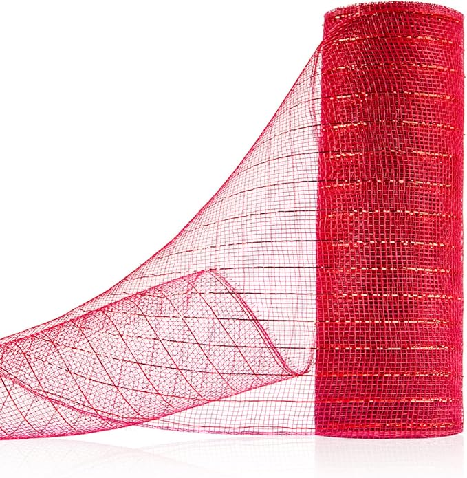 Anivia Deco Mesh Ribbon, 10inch x 30 Feet Each Roll Metallic Foil Mesh Ribbon for Wreaths Swags, Holloween, and Christmas Tree Decoration (Red/Red Foil)