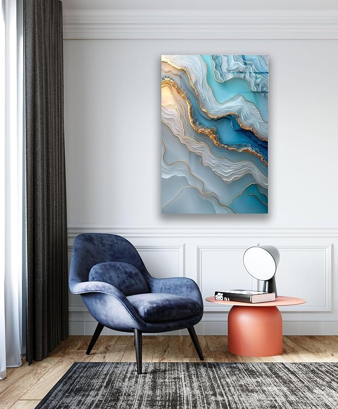 My Photostation.com 14Wx20H'' Turquoise and Blue Alcohol ink Glass Wall Art Tempered Glass Printing Wall Decor Large Wall Art Wall Hangings