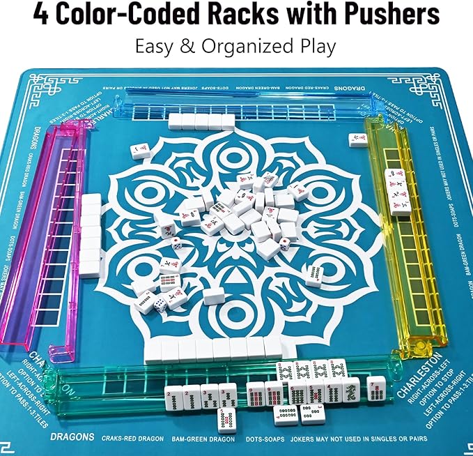 American Mahjong Tile Set – 166 White Tiles, 4 All-in-One Color Racks with Pushers, 3 Dice, Portable Red Carrying Bag – Complete Mahjong Game Set