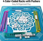 American Mahjong Tile Set – 166 White Tiles, 4 All-in-One Color Racks with Pushers, 3 Dice, Portable Red Carrying Bag – Complete Mahjong Game Set