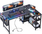 ODK 48 Inch Small L Shaped Gaming Computer Desk with Power Outlets, Corner Desk with Reversible Storage Shelves & PC Stand for Small Space, Modern Simple Home Office Table, Carbon Fiber Surface, Black