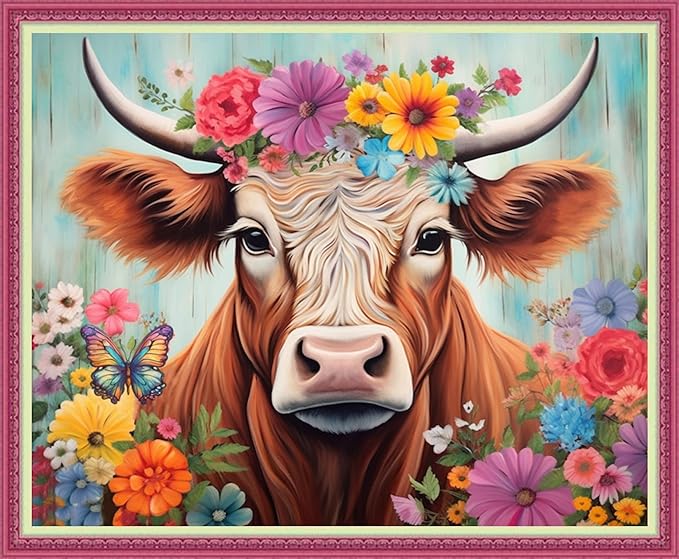 Disnesart Cross Stitch Stamped Full Embroidery Kits DIY 11CT Cotton Thread Printed DIY Needlepoint Kits Craft Needlework Set Cross-Stitch Stamped Sets-Colorful Flowers, Colorful Cows 16x20 inch