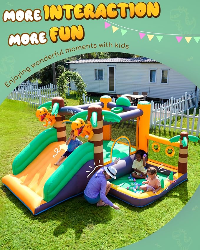 AirMyFun Inflatable Dinosaur Bounce House for Kids 3-8 with Blower – Large Bouncy Castle with Slide, Indoor/Outdoor Toddler Jumping Castle for Backyard & Birthday Fun