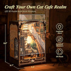 3D Wood Puzzle Book Nook Kit, Caramel Dream Cat Café Bookshelf Insert with LED Lights, DIY Miniature Bookend Décor for Display, Cozy Craft Gift for Cat Lovers and Teens (Caramel Dream)