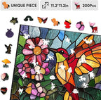 Wooden Puzzle for Adults, Stained Glass Hummingbird Jigsaw Puzzles 200 Piece, Unique Shapes Family Reunion Puzzle for Adults and Kids, Beautiful Package, Best Gift for Family Friends 11.4x11in