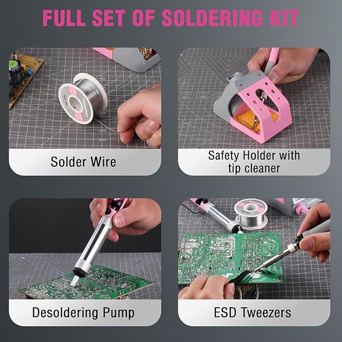 WORKPRO Soldering Station, 60W Soldering Iron Kit Digital Display, 5 Extra Iron Tips, Precision Temperature Control Solder Station for Electronic Repair, DIY Enthusiasts - Pink Ribbon