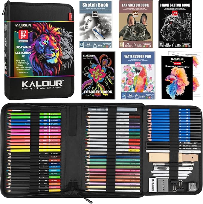 82 Drawing Set Sketching Kit, Art Set with Fluorescent, Colored, Watercolor, Metallic, Graphite, Charcoal Pencils, 5 Sketchbook and Coloring Book, Gift for Artists Adults Teens Beginner