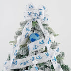 MEEDEE Blue & Silver Christmas Ribbon, 2.5 Inch Wired Satin Ribbon with Turquoise & Silver Glittery Bows, 10 Yards (30 Feet), Perfect for Tree, Garlands, Toppers & Bows
