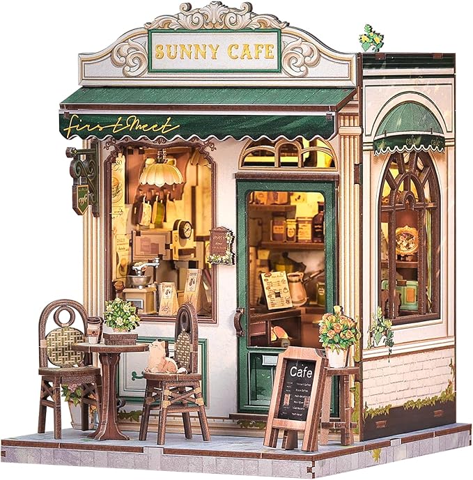 Fsolis Book Nook Kit - DIY Scene Miniature Dollhouse Kit for Adults Bookshelf Puzzle Tiny House Mini Craft Coffee Shop Model Bookshelf Decor Gifts for Women Book Lovers Puzzle Beginners (Sunny Cafe)