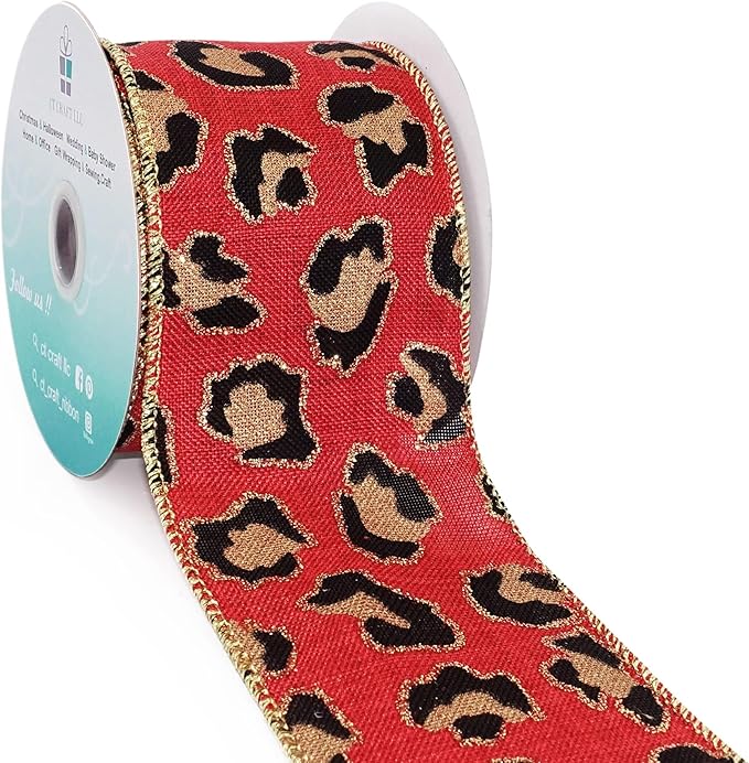 CT CRAFT LLC Burlap Leopard Fabric Wired Ribbon 2.5" x 10 Yards Red with Black and Gold Color for Christmas Home Wedding Decor Gift Wrapping Tree Topper Bow Wreath Bouquet DIY Crafts
