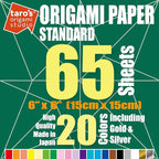 [Taro's Origami Studio] Standard 6 Inch One Sided 20 Colors 65 Sheets Square Easy Fold Premium Japanese Paper for Beginner (Gold and Silver Included) Made in Japan