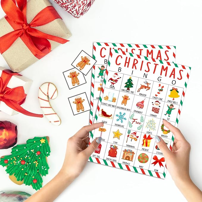 Christmas Bingo Cards, 24 Players Xmas Bingo Cards for Adults Large Group, Fun & Exciting Xmas Games for Family Activities, Classroom Party, Holiday Entertainment, Christmas Party Favors -09