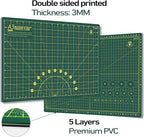 Headley Tools 18"x12" Thickened Self Healing Cutting Mat, A3 Rotary Cutting Sewing Mat for Crafts, Double Sided 5-Ply Table Cutting Board for Fabric Quilting Leather Arts Hobby Project, Green
