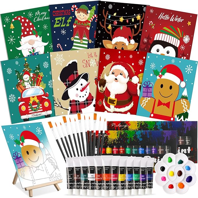 Cholemy 36 Pcs Paint and Sip Kit for Adults 8''x10'' Pre Drawn Canvas for Painting DIY Afro Acrylic Painting Kit Wood Easel Brushes Date Night Bulk for Christmas Party Gifts(Christmas B)