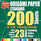 [Taro's Origami Studio] Standard 6 Inch One Sided 23 Colors 200 Sheets Square Easy Fold Premium Japanese Paper for Beginner (Gold and Silver Included)