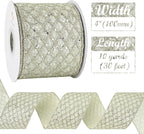 HUIHUANG Champagne Wired Ribbon 4 inch Glitter Christmas Tree Ribbon Diamond Mesh Wire Ribbon for X-mas Tree Decorations, Wreaths, Garland, Large Bows Making, Wedding Decor -10 Yards