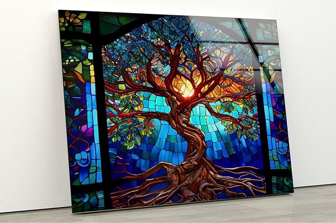 My Photostation.com 60WX40H'' Stained Blue Life of Tree Glass Wall ArtTempered Glass Printing Wall Decor Large Wall Art Wall Hangings