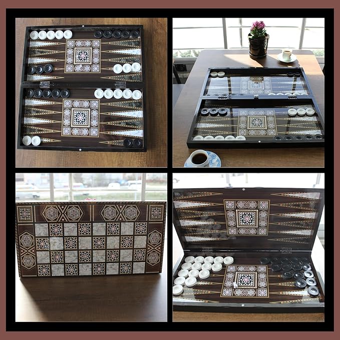 Park Oz Pearl Premium Turkish Backgammon and Checkers Set 19 Inch Handmade 2 in 1 Wooden Board Game with Glossy Finish Luxury Checkers and Dice Travel Friendly and Foldable