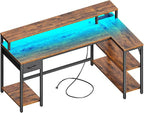 SUPERJARE 53 inch Reversible L Shaped Desk with LED Lights & Power Outlets, Computer Desk with Shelves & Monitor Stand, Gaming Desk with Drawer, Home Office Desk Corner Desk, Rustic Brown