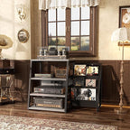 AV Media Stand with Outlets, Stereo Stands and Racks with Vinyl Storage, Stereo Stand with Record Storage, Audio Stereo Rack Cabinet, Turntable Console Stand with LED lights, 4 Tiers, Walnut Grey